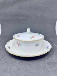 Meissen SCATTERED FLOWERS Covered Butter Dish W/Underplate -Crossed Swords - Picture 1 of 11