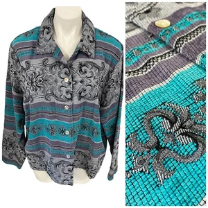 Blazer Coldwater Creek Mujer XL Tapiz Chaqueta Azul Gris Oficina Informal Trabajo - Imagen 1 de 16