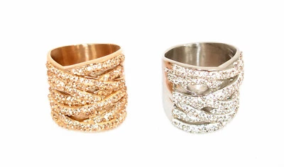 Anello IN Acciaio Anello da Donna 22 MM Rosa Argento Strass Moderno - Immagine 1 di 3