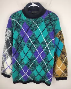 Vintage Kitty Hawk Sweater Womens L Green Purple Argyle Fuzzy Color Block - Picture 1 of 7