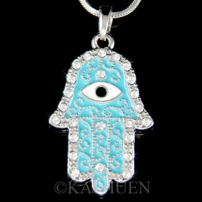 Türkis Blau Hamsa Hand Teufelsauge ~ mit Swarovski Kristall Jüdisch Halskette - Bild 1 von 2