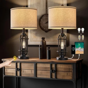 23.75'' Industrial Black Metal Table Lamps Living Room Lamp for Nightstand Set o - Picture 1 of 12