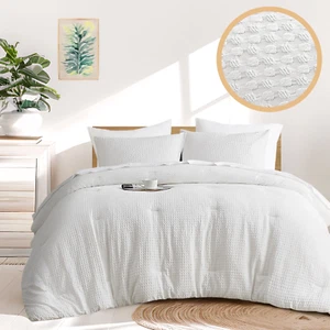 Textured Waffle like Comforter Sets Full/Queen, 3 Piece Bedding Sets, Off-White - Picture 1 of 12