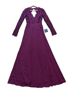 NWT Lulus Awaken My Love Gown Long Sleeve Dress Small Burgundy Open Back Lace M - Picture 1 of 8
