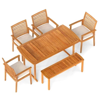 6PCS Outdoor Acacia Wood Dining Set Rectangle Dining Table with 4 Chairs & Bench - Image 1 of 4