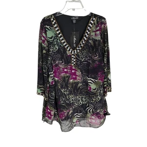 Metro 22 Women's 2X Embellished V Neck Animal Print Black Blouse Top - Picture 1 of 15