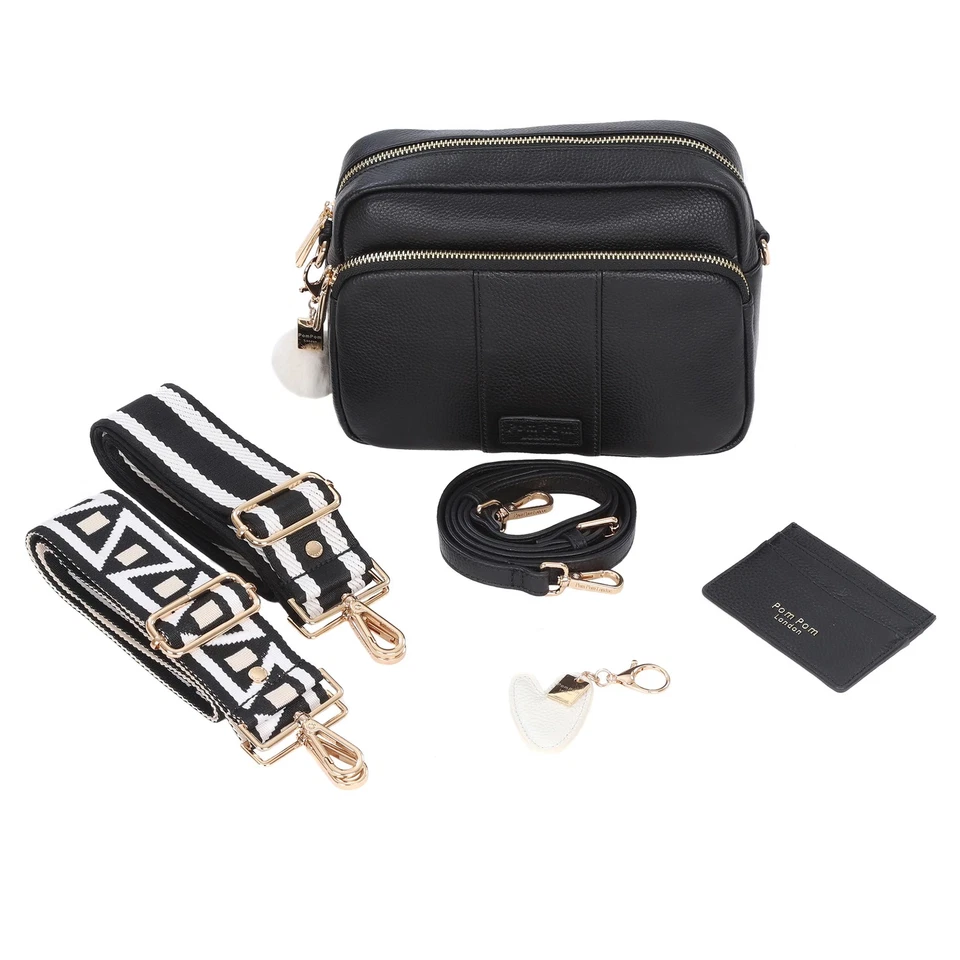 Pom Pom London Original Plus Leather Crossbody Bag w/ Accessories Black New - Image 1 of 1