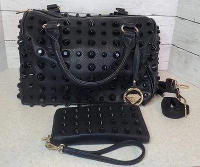 Traci Lynn Stud N Chic Black Studded Satchel Handbag w/ Wristlet Wallet & Strap - Image 1 of 4