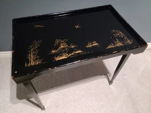 Vintage Ebonised Lacquered Chinoiserie Oriental Folding Collapsible Tray Table - Picture 1 of 18