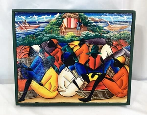 Nenel Haitian Artist Original Painting On Canvas Market place and ocean 10x9 - Picture 1 of 5