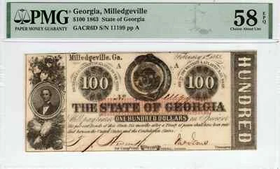 Billete Georgia GA CR-6 1863 $100 - Elección PMG sobre 58 EPQ sin circular Foto 1 de 2