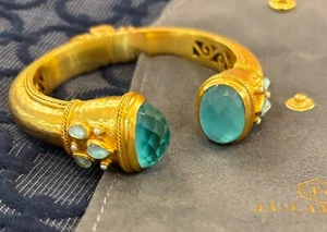 NWOT Julie Vos Large Iridescent Blue Hinged Bangle Cuff Bracelet 24k Gold Plate - Picture 1 of 3
