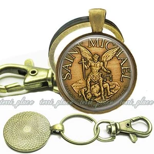 St Michael Patron Saint of Law Enforcement Glass Top Bronze Key Chain Gift Idea - Picture 1 of 2