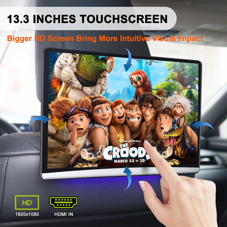 13.3"HD Car Headrest Monitor Video Player Android 11 Multimedia Player BT Music - Image 1 of 4