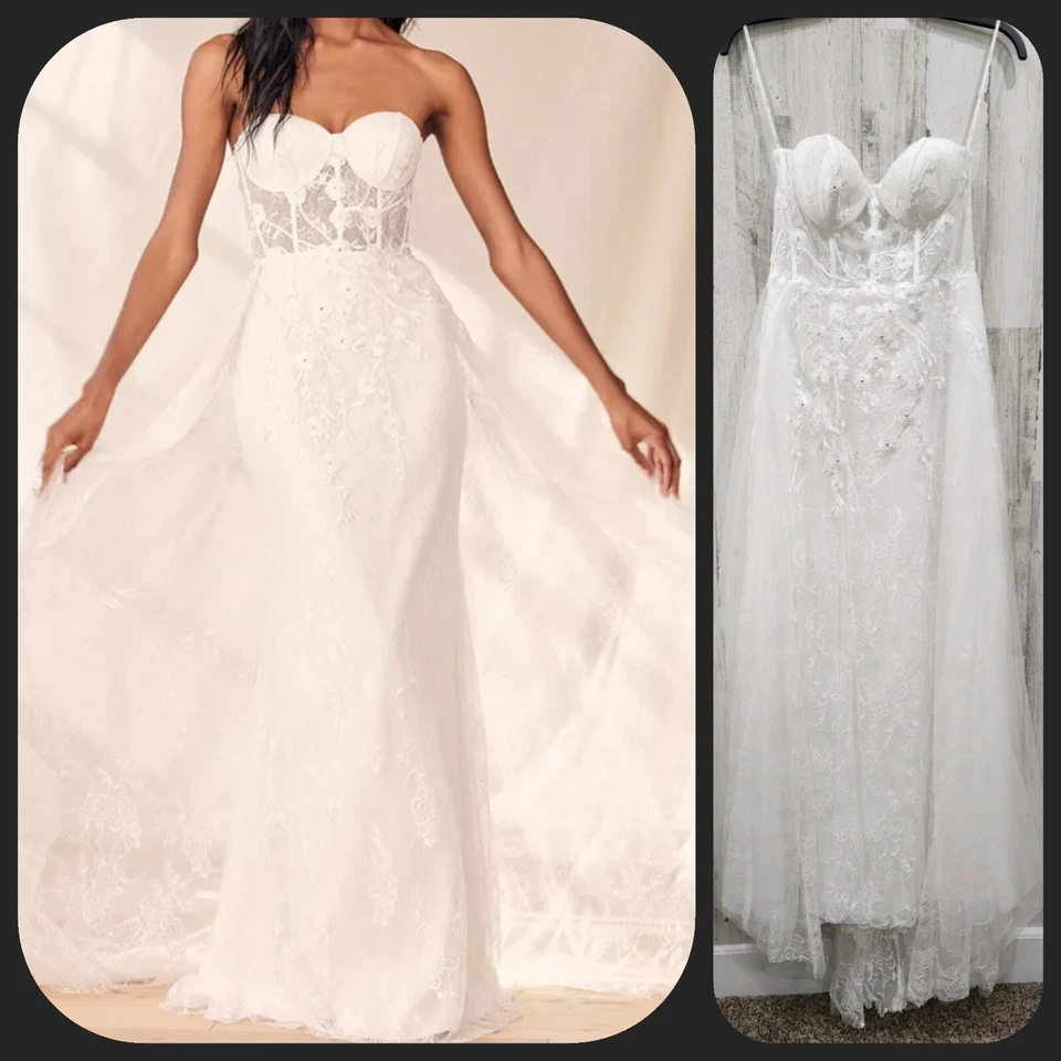 LULUS LUXE Elegance White Lace Embroidered Rhinestone Strapless Maxi Dress LARGE - Image 1 of 4