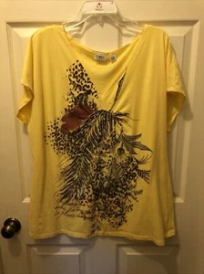 Cato Woman Yellow Tee W/floral Bird Metallic V-neck Sz 18/20W - Picture 1 of 6