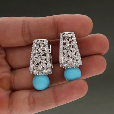 3 Ct Round Lab-Created Turquoise Women's Dangle Earrings 14k White Gold Plated - Image 1 of 4
