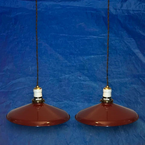 Pair Adjustable Industrial Pendant Lights Blood Red Shades Retractable 13D Cover