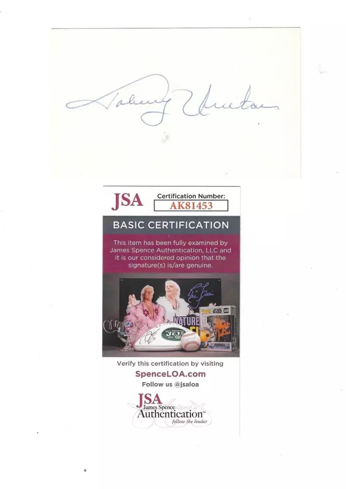 Signed Autographed JOHNNY UNITAS 3x5 Index Card  - w/COA JSA AUTHENTICATED - Image 1 of 1