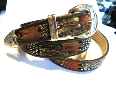 Peacock Pheasant Feather Belt Leather ART 9036 Brown  M/L 1" wide SZ 40   382 - Image 1 of 4