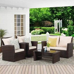 4 Piece Outdoor Patio Furniture Wicker Cushioned Conversation Set for Porch Deck - Picture 1 of 6