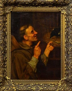 The Monk and Magpie | Finely Executed 19th Century Antique Genre Oil Painting - Picture 1 of 10