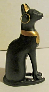 ORNAMENT EGYPTIAN CAT 90mm BLACK RESIN STATUE GAYER-ANDERSON GOLD PLATED HOOPS - Picture 1 of 7