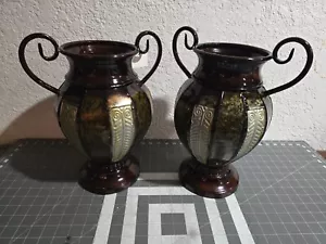 Pair of Elegant Expressions Tuscan Metal Vase Brown Black Silver 14" Roman Greek - Picture 1 of 10