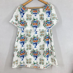 Binny dress 14 linen cotton white floral vase wide collar rick rack pom pom - Picture 1 of 17