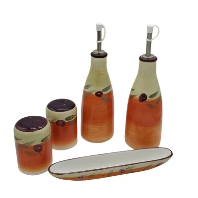 Juego de 5 Piezas Ingredientes Principales Cerámica Toscana Naranja Oliva Bandeja Sal Pimienta Cruet Foto 1 de 4