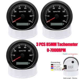 3PCS 85MM Black Tachometer 0-7000RPM With Hourmeter Waterproof for Boat Car ATV  - Picture 1 of 18