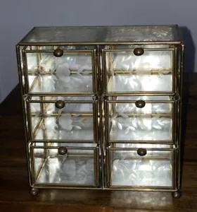 Vintage Glass & Brass Floral Etched Trinket 6 Drawer Jewelry Box Mexico 6.7x7x3” - Picture 1 of 11