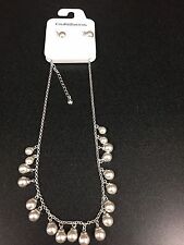 2PC Bridal Necklace and Drop Earrings Silver W.Crystals and Ivory Pearls