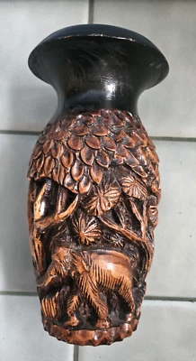 Jarrón de madera vintage elefante tallado artesanalmente asiático alto relieve detalle Foto 1 de 4