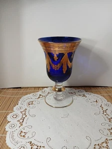 Interglass Italy Crystal Glass - Cobalt Blue With 24k Gold Italian Wine Goblet - Picture 1 of 6
