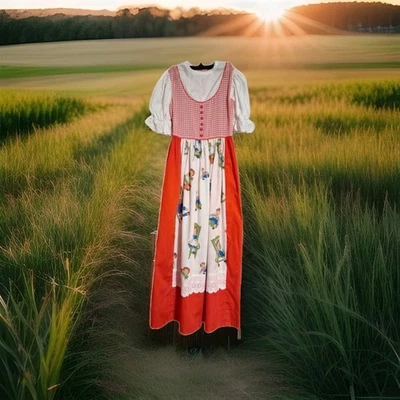 Vestido largo vintage hecho a mano estampado Raggedy Ann talla única niños rojo guinga top  Foto 1 de 4