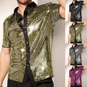Men's Nightclub Party Shirt Short Sleeve with Shiny Sequin Embellishments - Picture 1 of 23