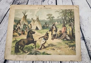 Antigua litografía escolar alemana del siglo XIX - Campamento indio, América 16"x13" - Imagen 1 de 7