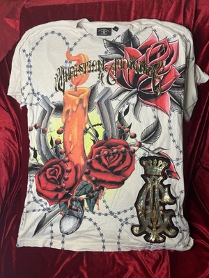 Christian Audigier футболка по всему печать с белый 1958 блестящий Роза подкова Lg - Изображение 1 из 4