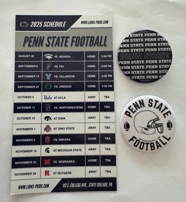 DOS BOTONES DE FÚTBOL AMERICANO PENN STATE LIONS ORGULLOS 2025 E IMÁN DE CALENDARIO Foto 1 de 4