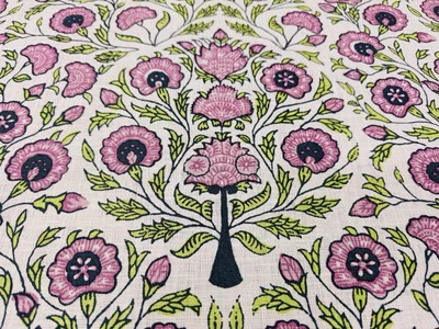 Home Couture Quadrille Linen Fabric- Kalamkari Floral Lavender REMNANT 25"x112" - Image 1 of 2