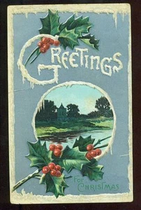 Wasserszene Stechpalme Silber Vintage Weihnachten Postkarte  - Bild 1 von 1