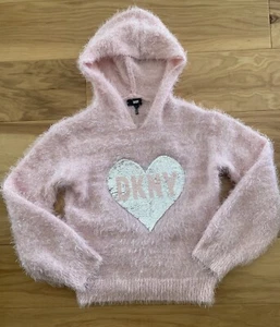 DKNY Girls Pink Fuzzy Flip Sequined Heart Hooded Sweater Size L - Picture 1 of 6