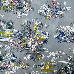 Vintage 1950s Sheer Polyester Fabric | Romantic Painted Scenic Print | Deadstock - Picture 1 of 14