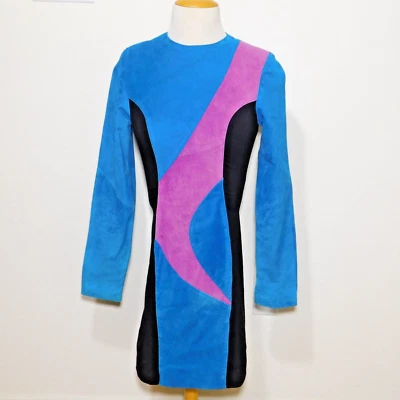 Vintage 1990s Leather By WILSONS Suede Blue Pink Long Sleeve Mini Dress Small - Image 1 of 4