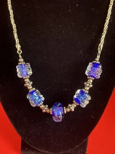 Collar de cuentas vintage italiano de plata de ley 925 de 19" barril de vidrio lámina azul 34 g - Imagen 1 de 14