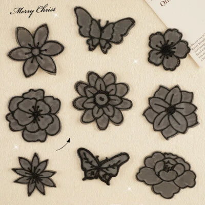 10PCS Black Lace Embroidery Patches Self Adhesive Organza Flower Applique - Image 1 of 4