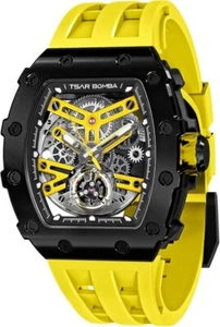 TSAR BOMBA Men's Automatic Watch Tonneau Luxury Skeleton Watches Yellow - Picture 1 of 7