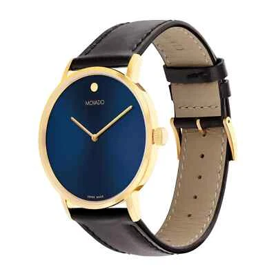 Reloj suizo Movado Signature para hombre esfera azul correa de cuero negro dorado 0607743 Foto 1 de 3