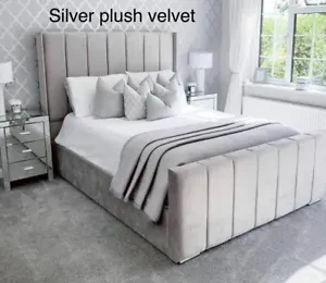 Designer Plush Velvet Panel Bed With/Without Ottoman Gaslift Storage - Picture 1 of 13